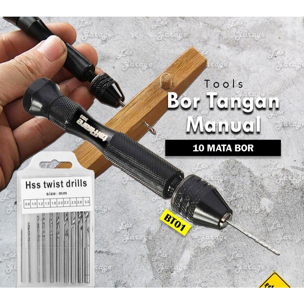 Jual Bor Tangan Manual Mini Hand Drill + 10 Mata Bor Set Kayu Besi HSS ...