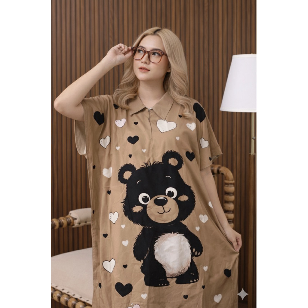 Daster Lowo Beruang Kerah Resleting Rayon Premium Busui Friendly