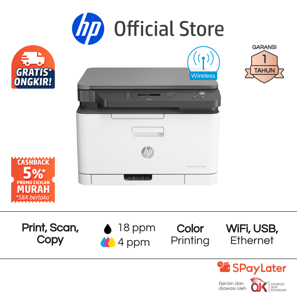 Printer HP Laser MFP 178nw All in One Print Scan Copy Wireless Wifi USB Color Colour Warna Garansi 1 Tahun Promo Murah Gratis Ongkir Official