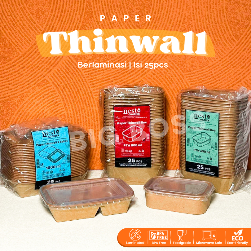 [ISI 25PCS] Paper Thinwall  Rectangle Container Kraft Laminasi 650ml 800ml 1000ml +Tutup / Paper Rectangle Kotak Makan Kertas Food Grade Tebal