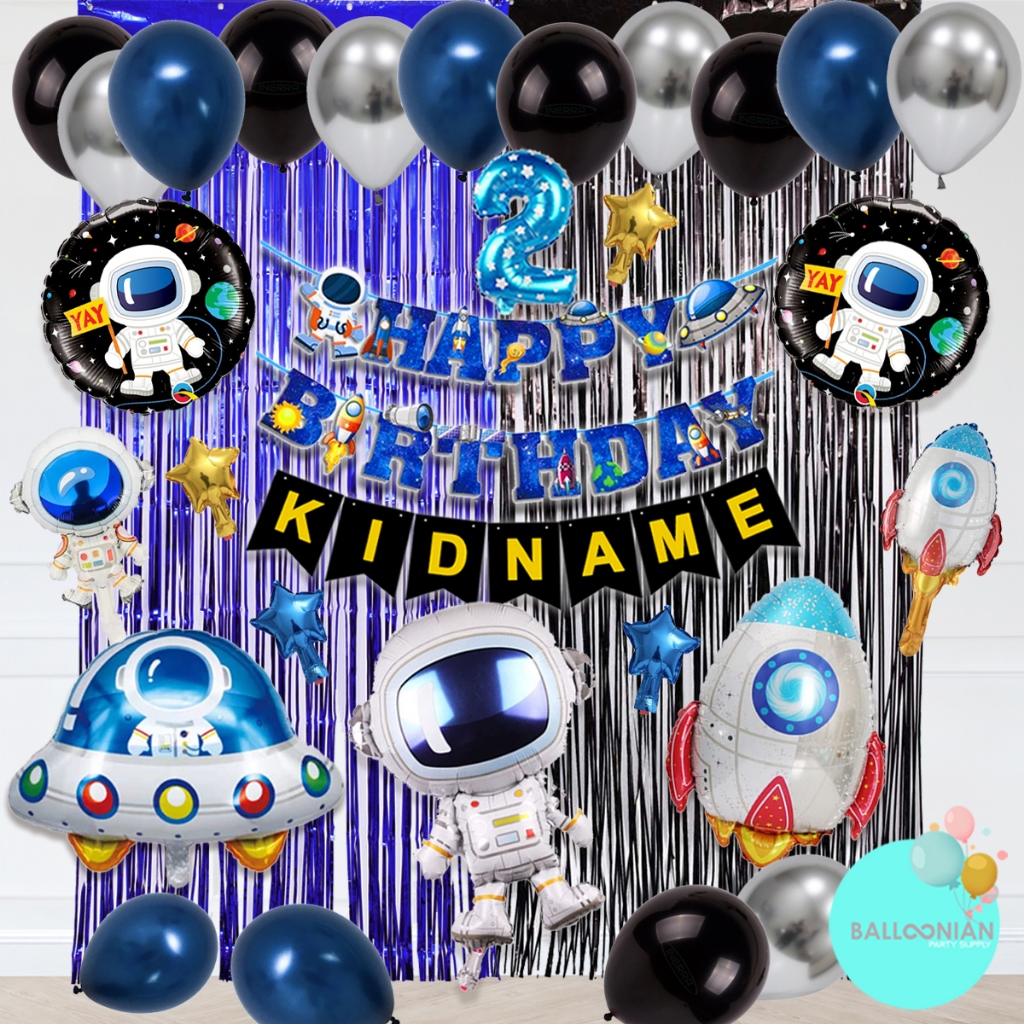 (Paket Balon Lengkap)ASTRONOT CHAIN HBD KHITANAN SIMPLE DEKORASI SET Balon dekorasi tema astronot ulang tahun/khitanan lengkap dengan pilihan tirai dan nama anak