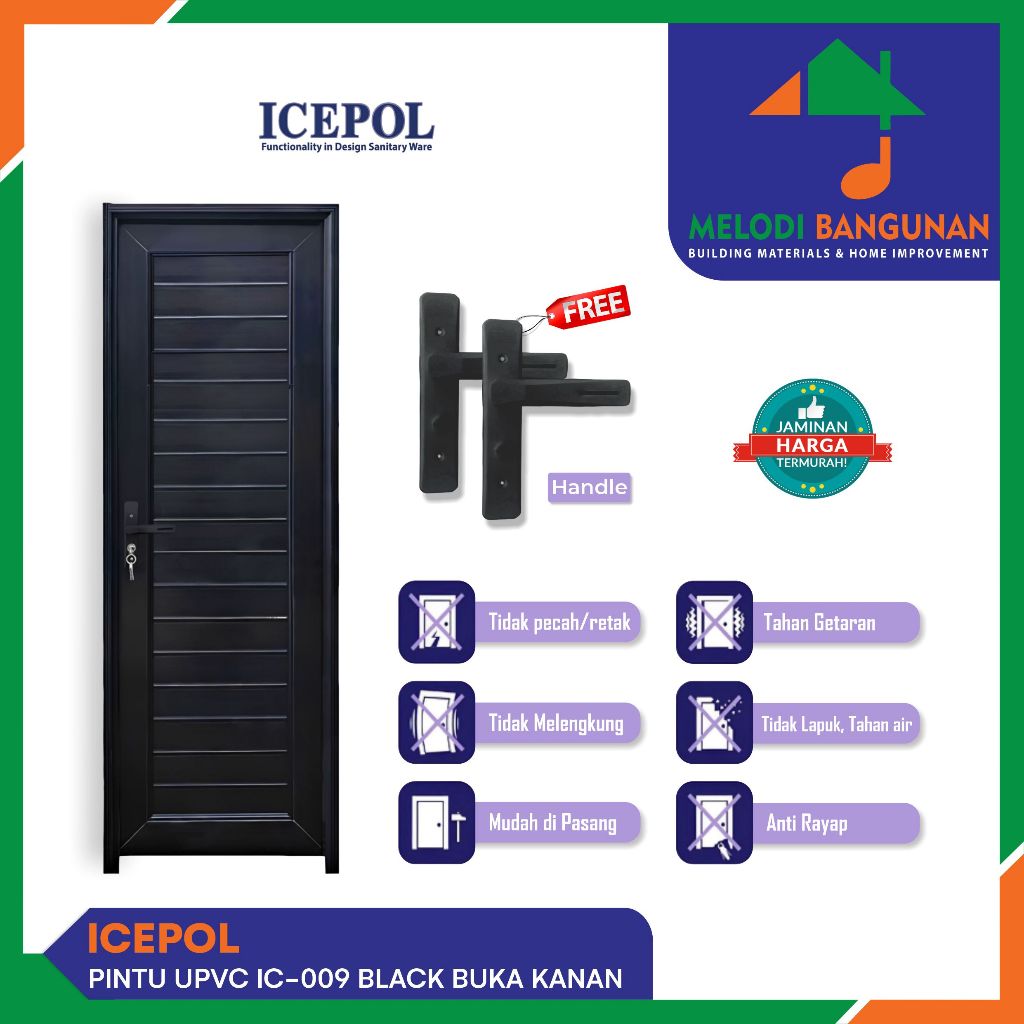 Icepol - Pintu Kamar Mandi + Toilet + WC IC 009 IC009 UPVC Black Hitam 70x200 Handle Kiri Buka Kanan