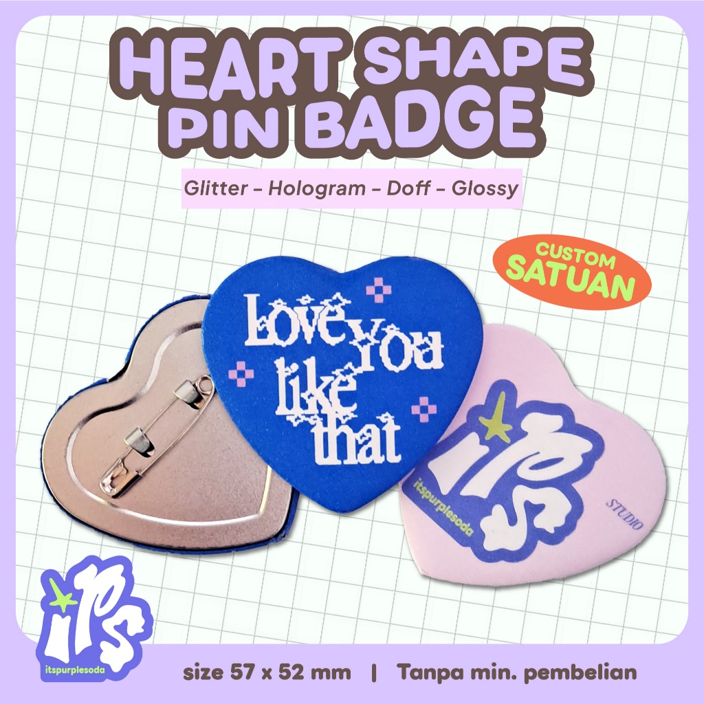 Jual CUSTOM HEART PIN BADGE SATUAN || GLITTER HOLO GLOSSY DOFF ...