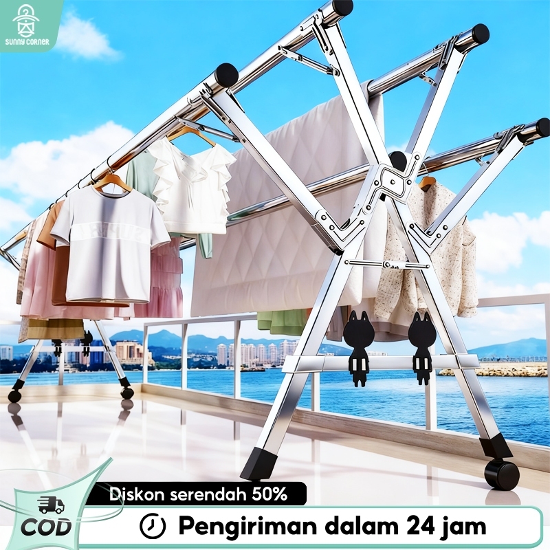 Jual Jemuran Baju Lipat Dengan Roda Stainless Steel 5 Tiang Jemuran 