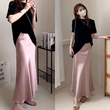 FUJI SATIN Midi Skirt Rok Kerja Kuliah Wanita Rok Wanita Style Forlmal Casual Rok Satin Silk
