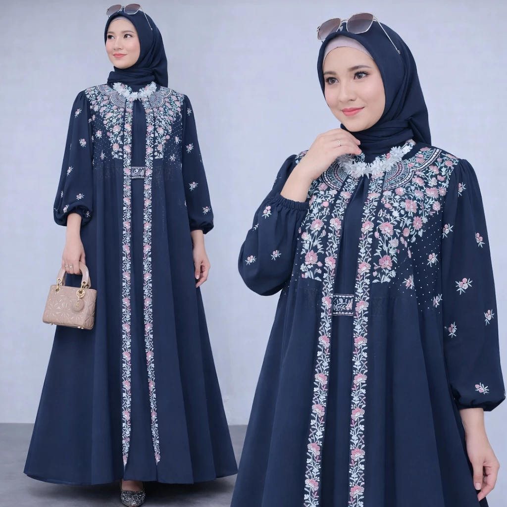 Gamis Muslim Wanita Ceruty Babydoll Mix Bordir Lebaran Kondangan detail bordir