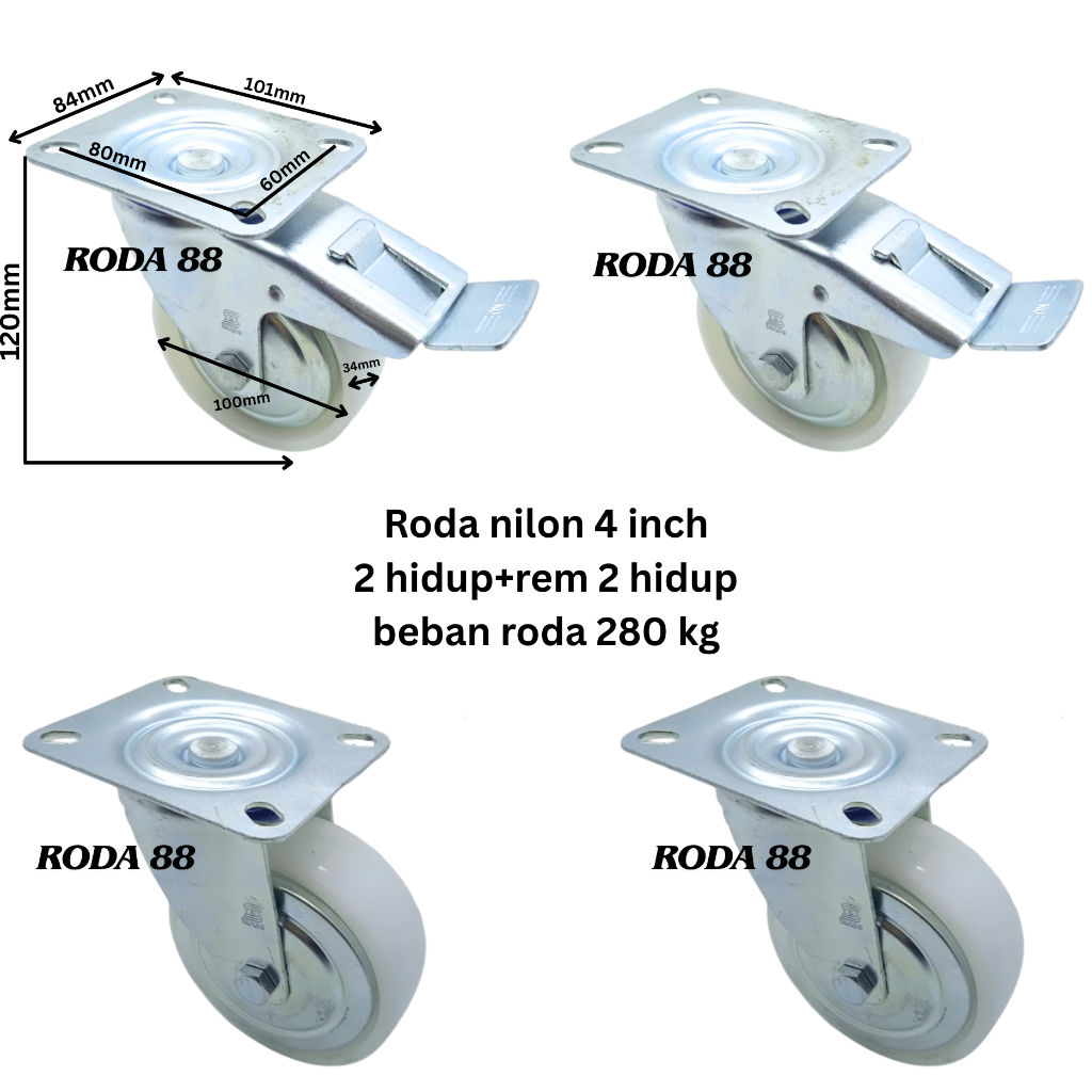 Jual Roda Nilon RRT 4 inch (2 Hidup+rem &n 2 Hidup) Beban roda 280 kg ...