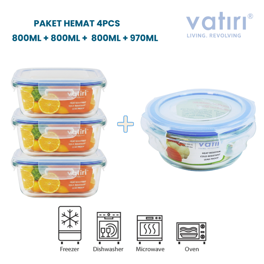 Jual Vatiri Buy 3 Glass Food Container Wadah Kaca Square 800ml Free ...