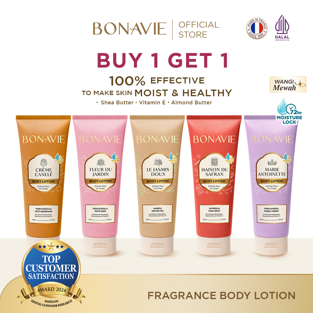 [BUY 1 GET 1 FREE] Bonavie Body Lotion Wangi Tahan Lama Melembapkan Mencerahkan Parfum - Le Jasmin Doux - Fleur du Jardin - Maison du Safran - Creme Cenele - Marie Antoinette 200ml
