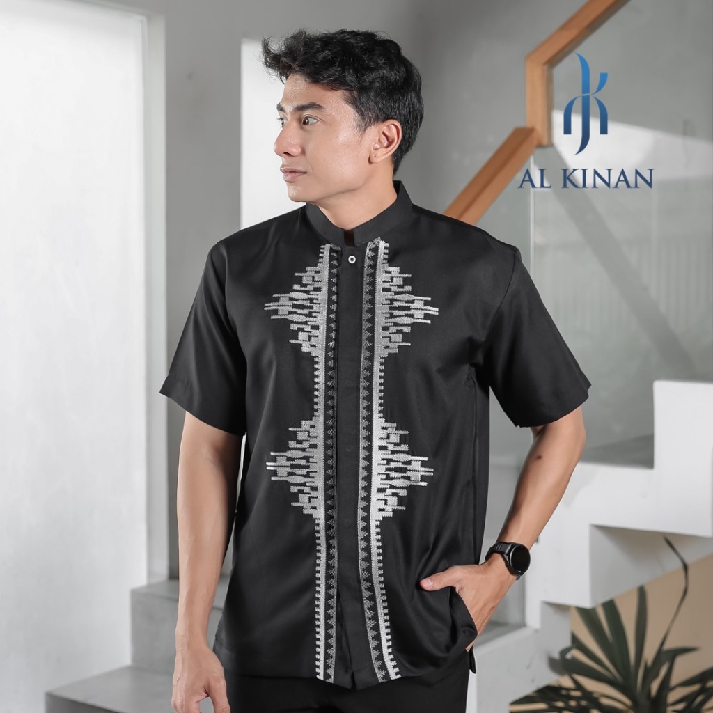 AL KINAN baju koko pria muslim dewasa lengan pendek katun linen warna hitam navy sage abu biru