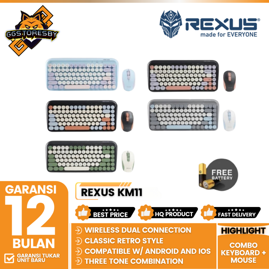 Jual Rexus Km11 Combo Keyboard + Mouse Wireless Dual Connection Retro ...