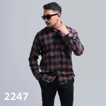 DGM Kemeja Flanel Pria Lengan Panjang Hitam Kotak Navy Garis Kuning Kemeja Pria Flanel Pria