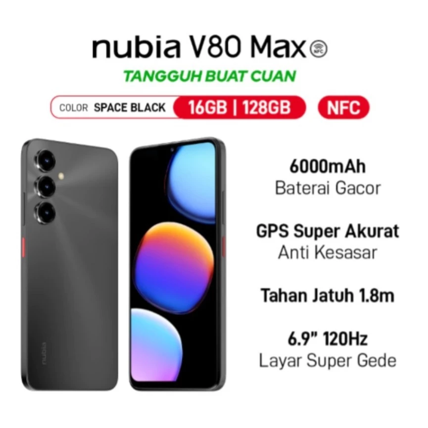 nubia V80 Max tampak depan dengan layar 6.9 inci waterdrop dan desain ramping