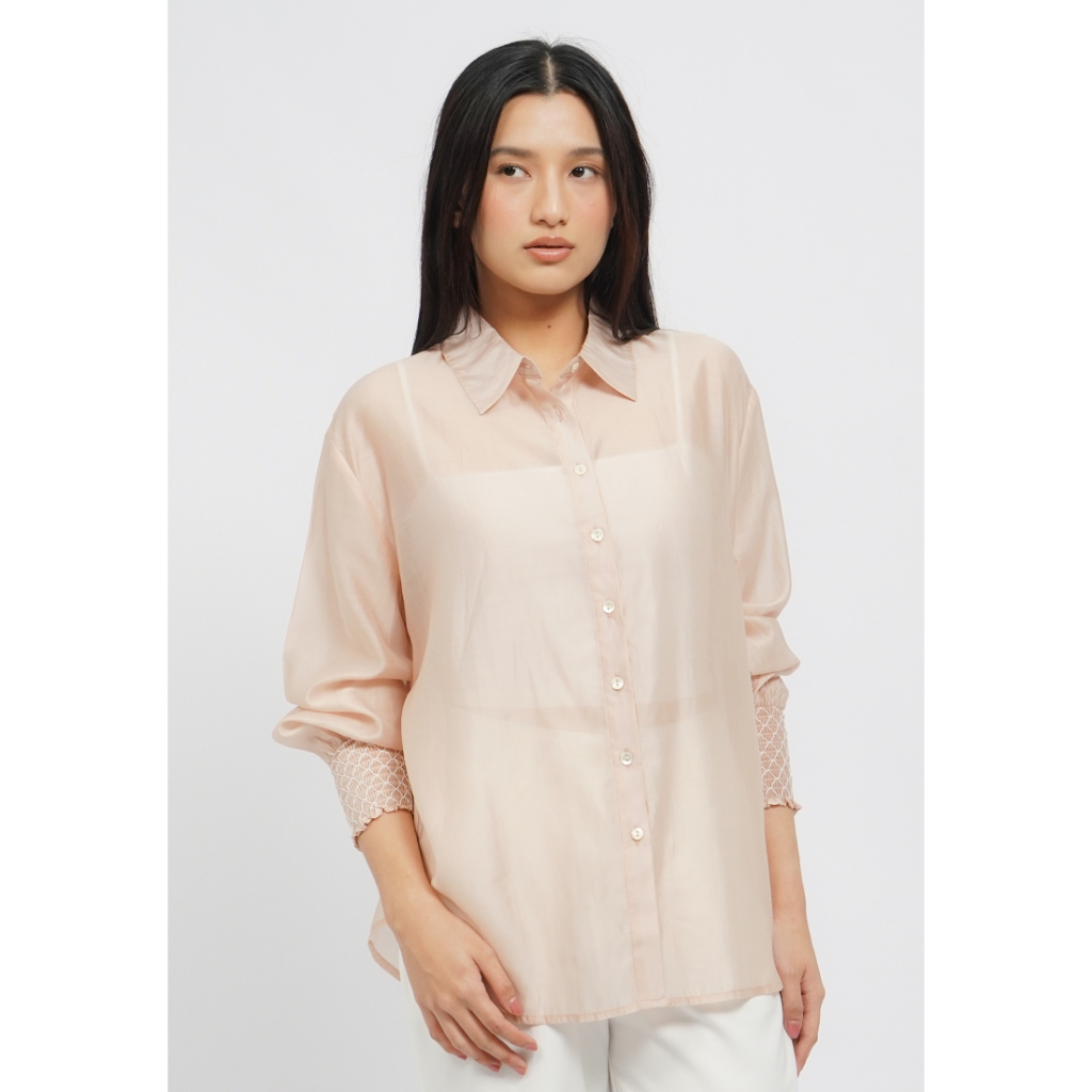 Jual Et Cetera Loose Long Sleeve Sheer Blouse BEIGE | Shopee Indonesia
