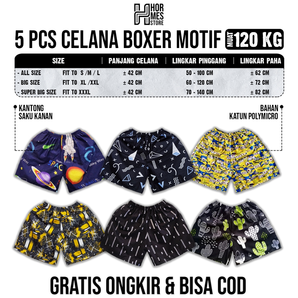 5 Pcs Celana Pendek Boxer Motif Pria dan Wanita