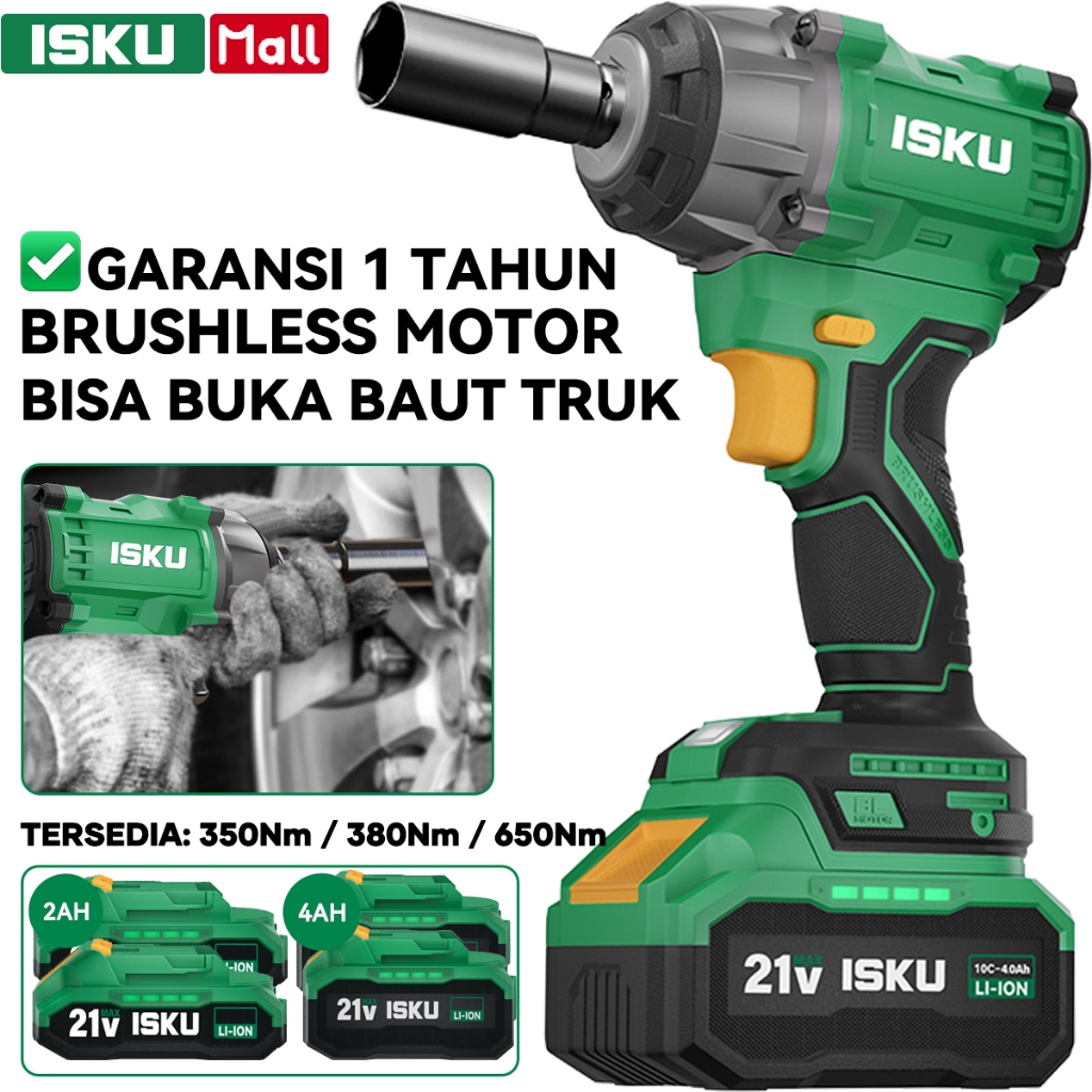 ISKU Cordless Impact Wrench Brushless 21V 350Nm 380Nm 650Nm 1000Nm Mesin Buka Baut Roda Mobil Truk