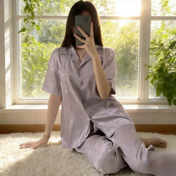 Setelan Satin Wanita Lengan Pendek Celana Panjang Korea Premium Piyama Cardigan