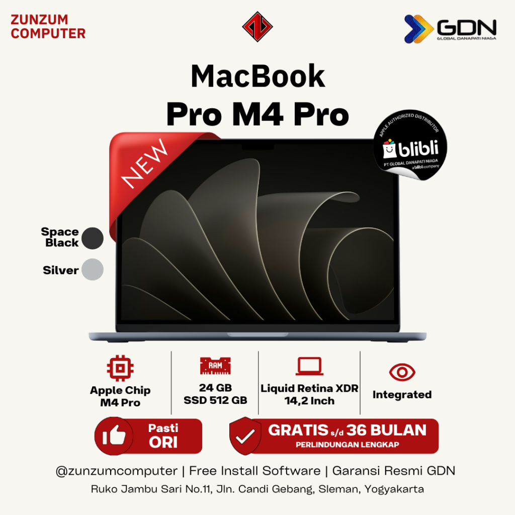 MacBook Pro M4 Pro 14 inch warna Space Black tampak depan dengan layar menyala