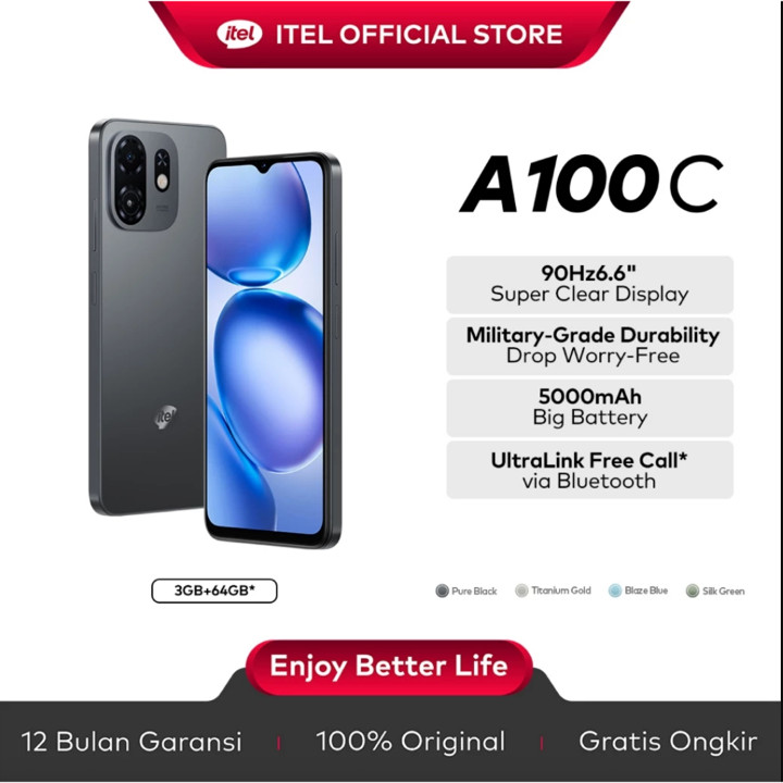 itel A100C 3+64GB Layar 6.6" 90Hz Tahan Banting Military-Grade Big Memory UltraL