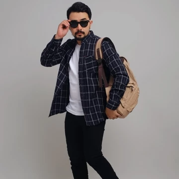 DGM Kemeja Flanel Pria Lengan Panjang Hitam Kotak Navy Garis Kuning Kemeja Pria Flanel Pria