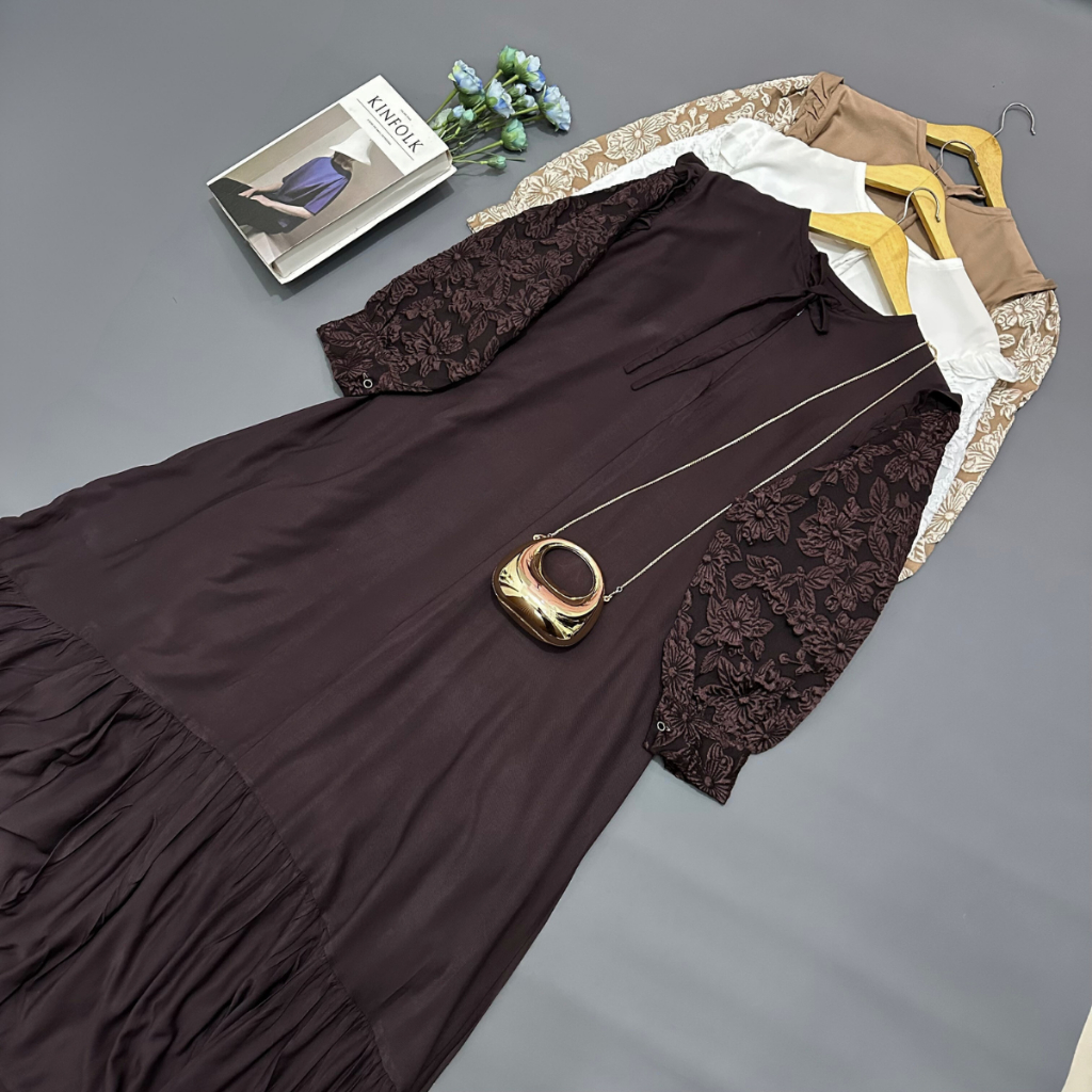 By Vins - Livia Gamis Rayon Twill Mix Cotton Fukura Motif Bunga Dress Lebaran Elegan