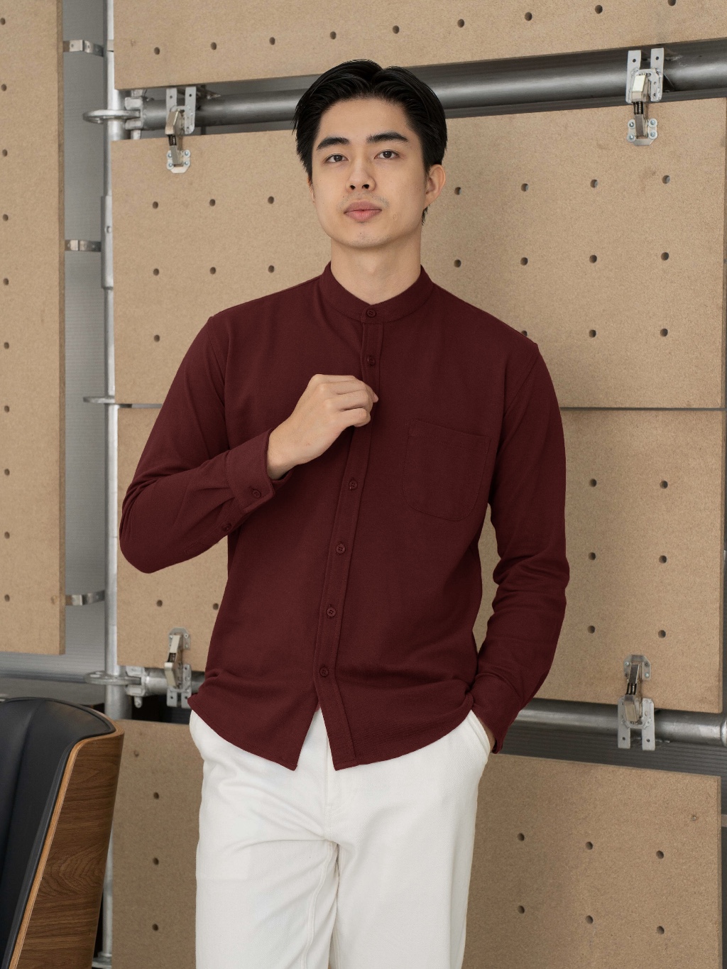 Jual Basicale Kemeja Katun Pique Maroon Lengan Panjang Merah Slim Fit ...