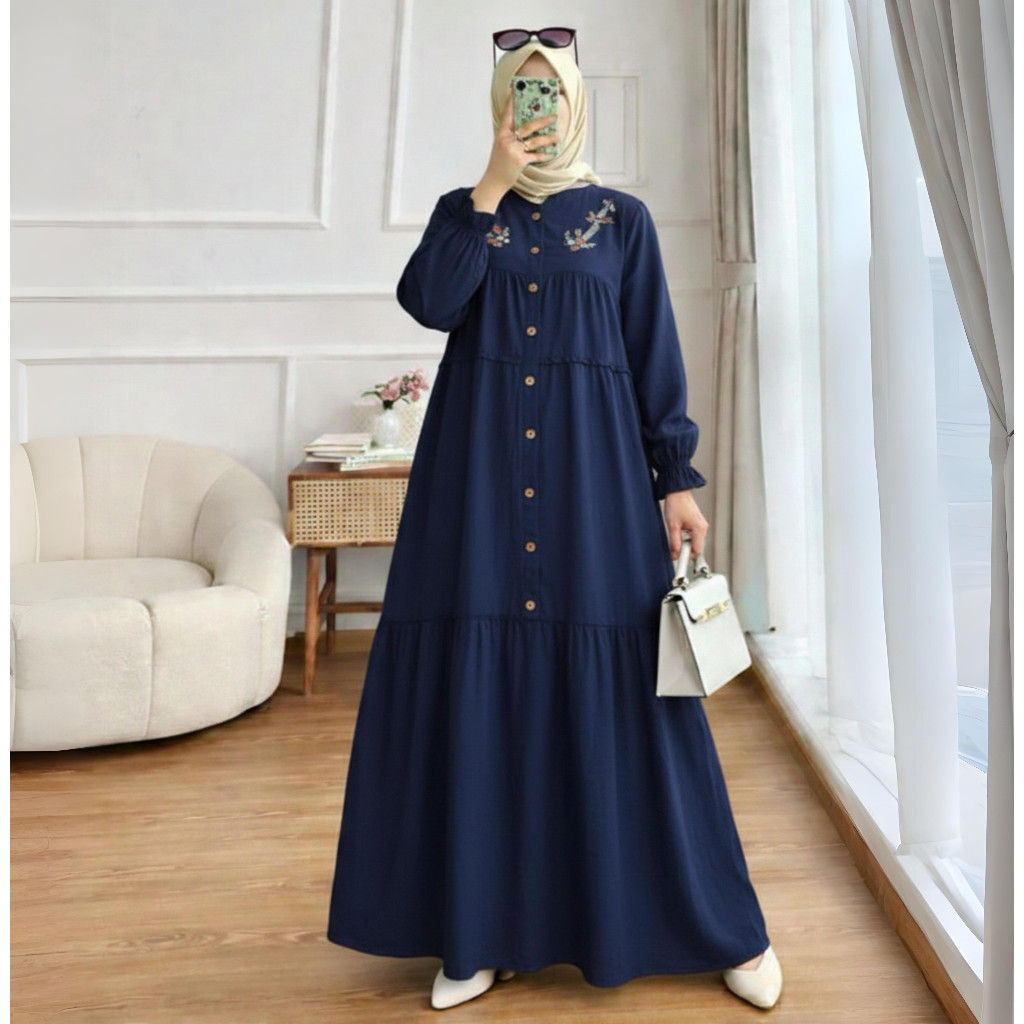 Naura Maxi Dress Gamis Wanita Muslim Bahan Rayon Twill Premium High Quality Kancing Aktiv Busui