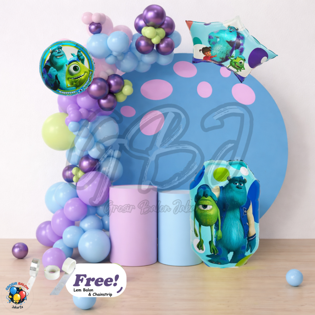[PAKET PREMIUM] Dekorasi Ulang Tahun Garland Full Set Monster Inc University / Mike Wazowski / Sullivan - Isi 90pcs (P056)