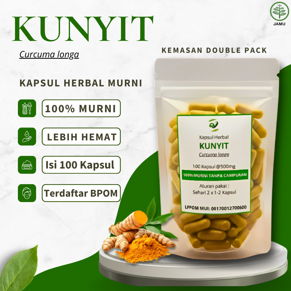 KUNYIT 100 Kapsul Herbal - Obat Asam Lambung, Maag Kronis, Perut Kembung, Nyeri Lambung & Pencernaan