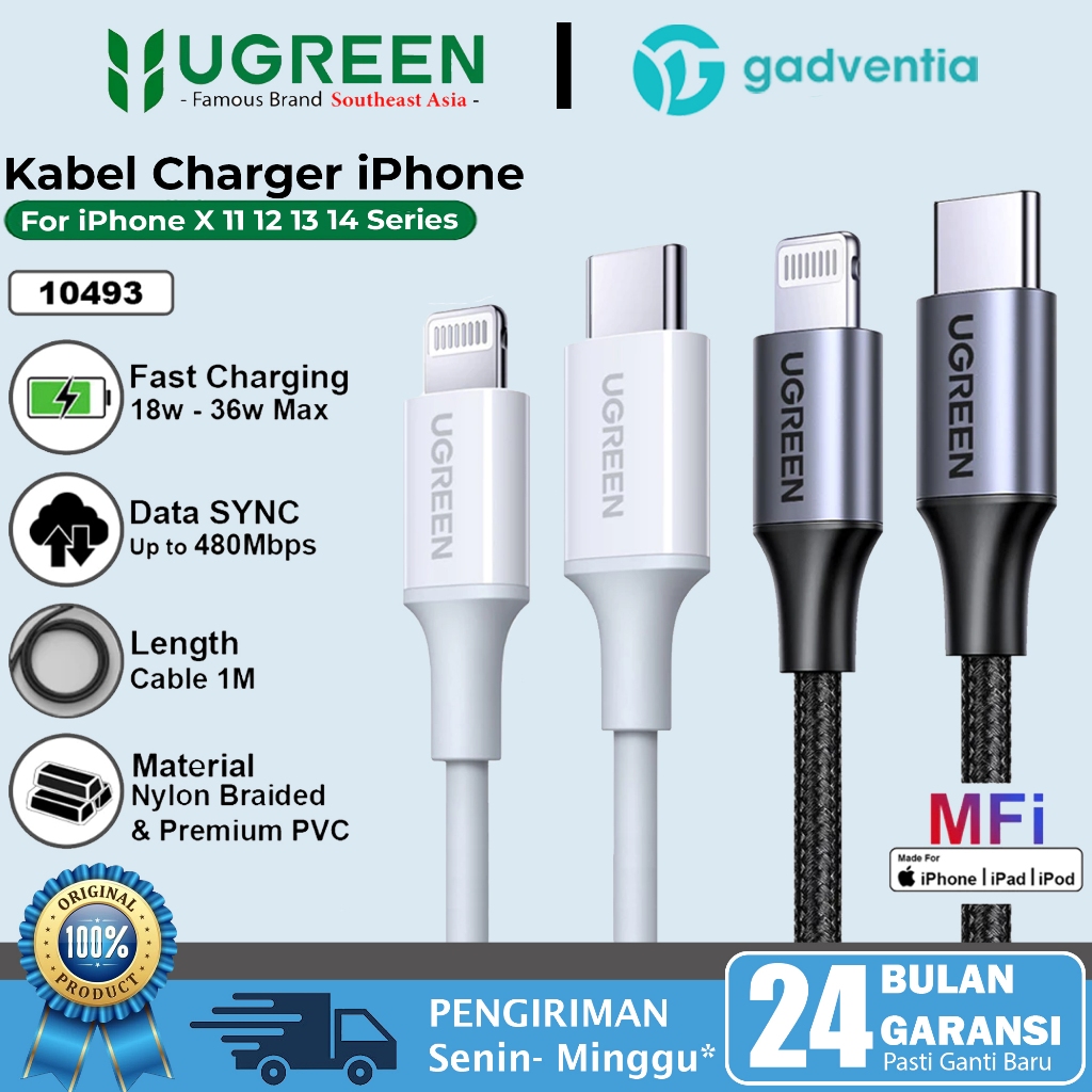 UGREEN Kabel Charger Data MFi iPhone X 11 12 13 14 Type C to Lightning PD  Fast Charging 18w 36w