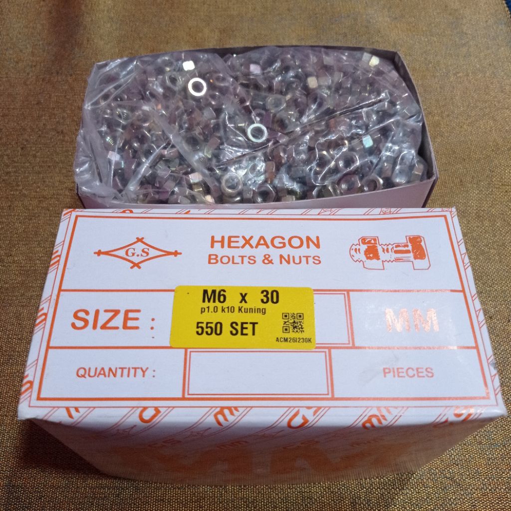 Jual SET BAUT MUR HEX KUNING M6 X 30 M6X30 KUNCI 10 MM DUS 550 SET ...