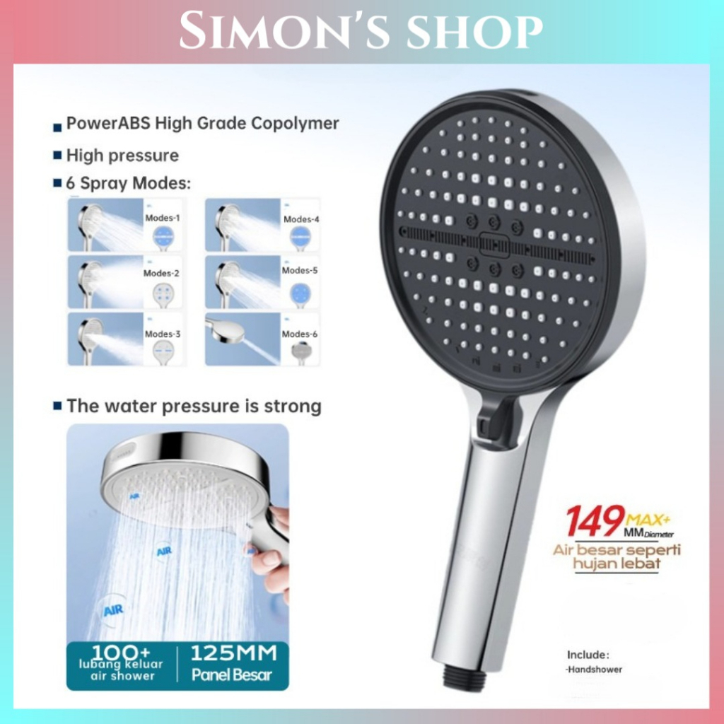 Jual 6 Modes Stainless Steel Shower Head Big Rainfall High Pressure ...