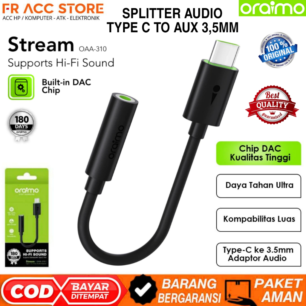 Jual Splitter AUDIO TYPE C TO AUX 3,5mm Oraimo OAA-310 DAC Chip ...