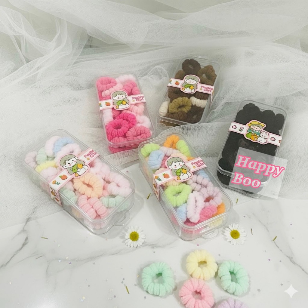 Jual per box ikat rambut donat mini idom bunga set pouch isi banyak ...
