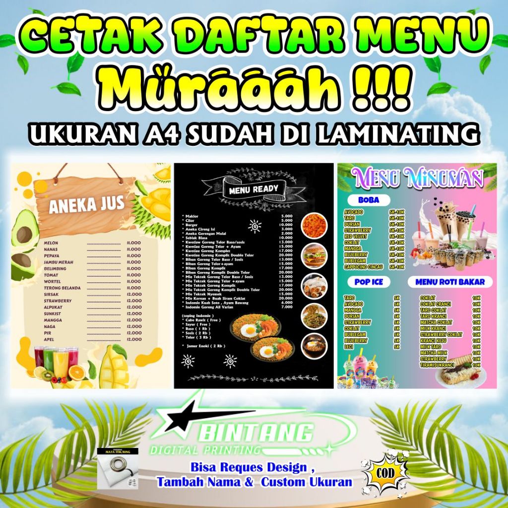 Jual Cetak Daftar Menu Ukuran a4 Sudah + Di laminating | Shopee Indonesia