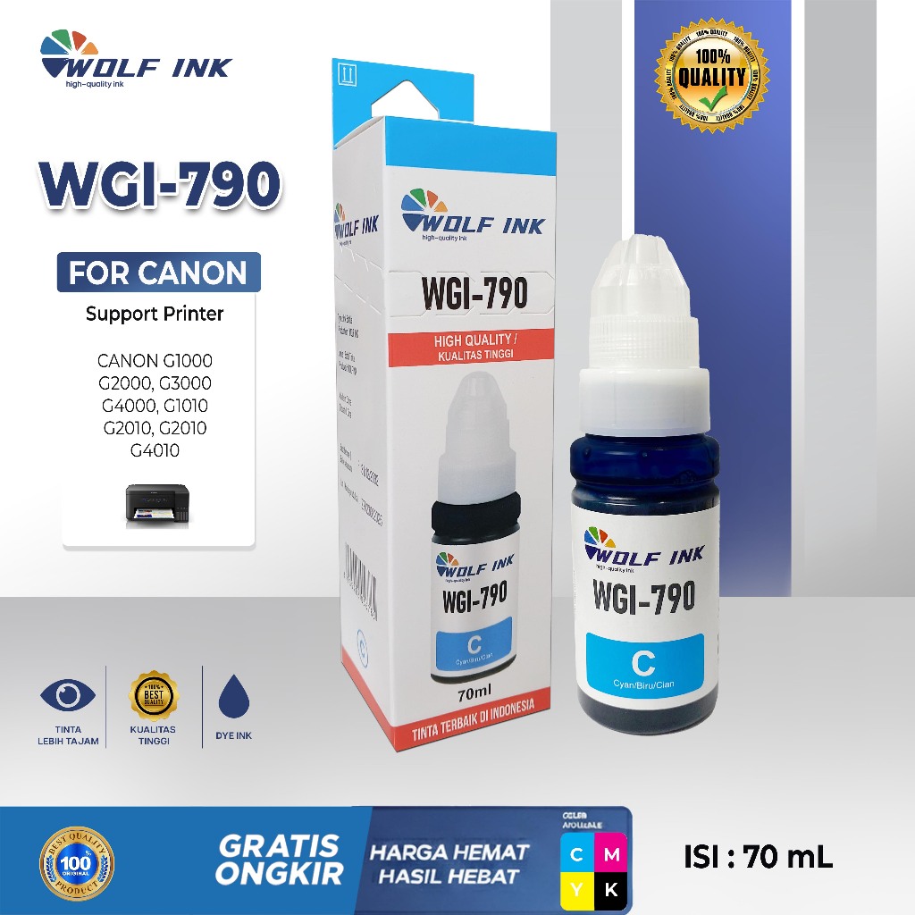 Jual WOLF INK Tinta Printer Canon GI-790 Refill Warna Cyan Biru Only ...