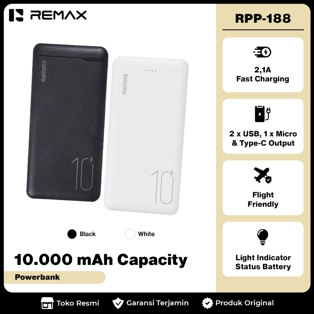 Jual Remax Powerbank 10000mAh Flight Friendly 2,1Ampere Dual USB Output ...