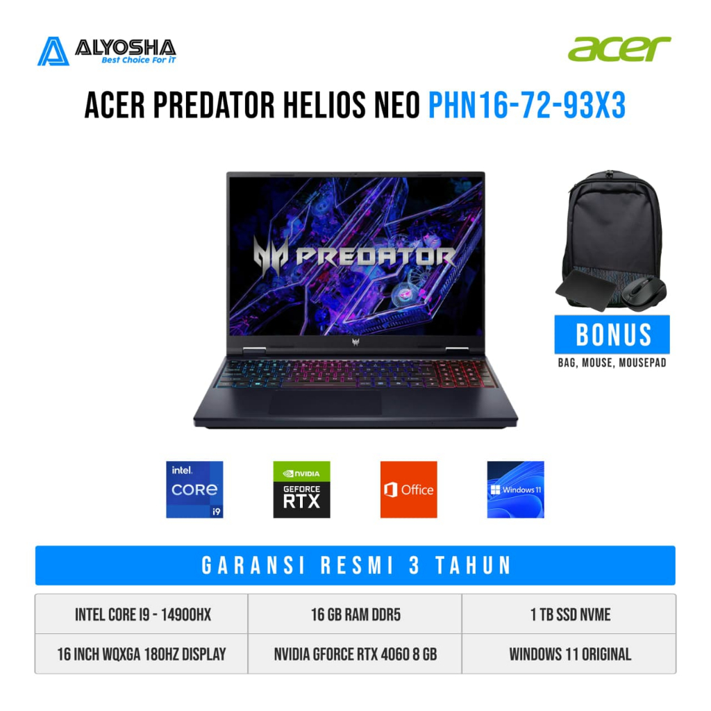 Jual Acer Helios Neo PHN16 72 93X3 Intel Core i9-14900HX 16GB SSD 1TB ...