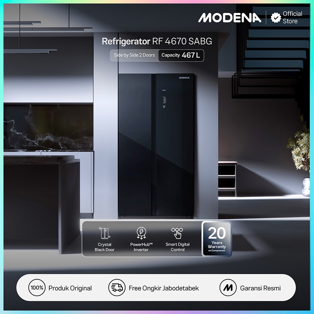 Jual MODENA Side by Side Black Glass Refrigerator 467L PowerHub ...