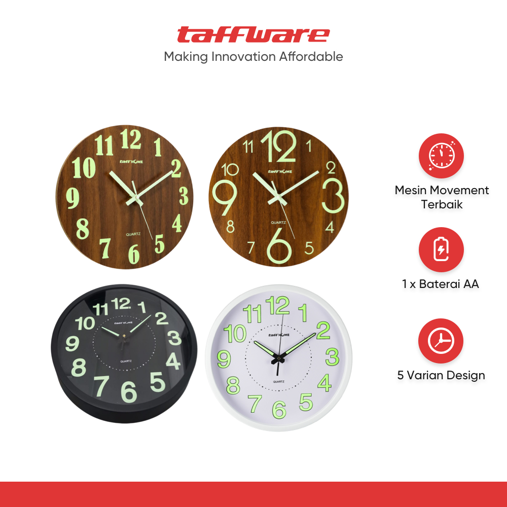 TaffHOME Jam Dinding Bulat Quartz Luminous Glow in The Dark 30CM