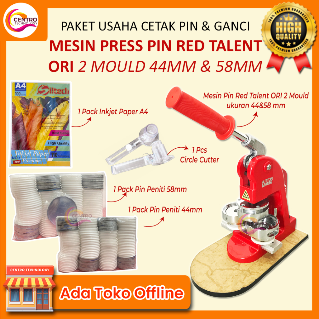 Jual Paket Usaha Mesin Press Pin RED Talent Ori 2 Moulding 44&58 MM ...