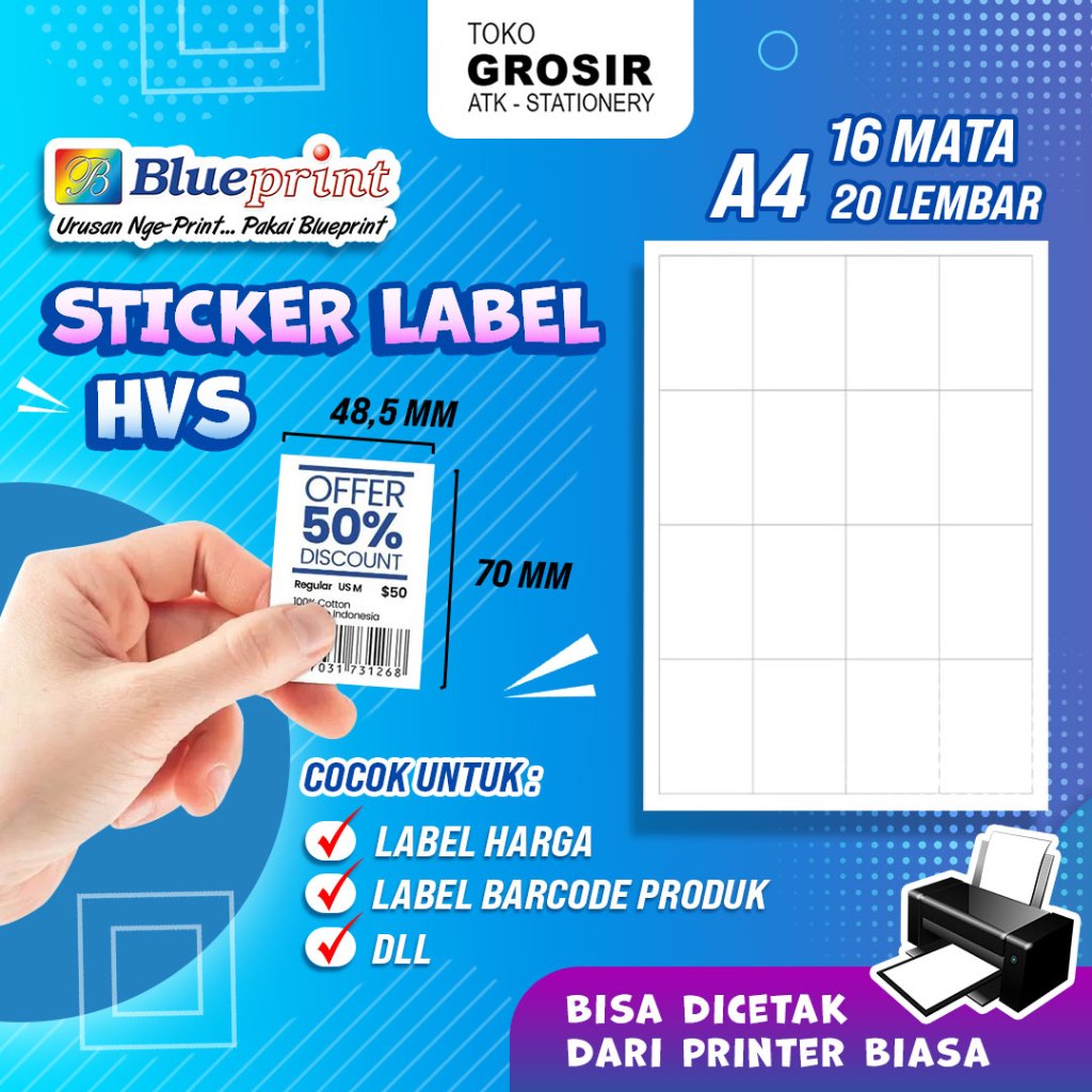 Jual Kertas Stiker Label HVS Doff A4 BLUEPRINT Uk 48,5 x 70 mm - 20 ...