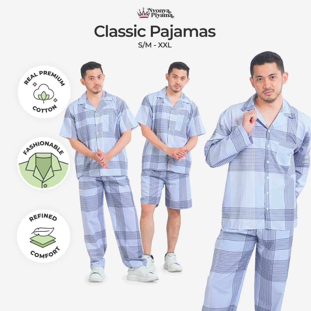 Jual Nyonya Piyama Classic Pajamas Katun Pria Set - Sion Blue | Shopee ...