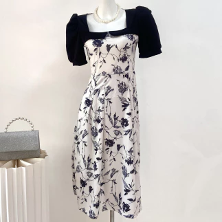 Dress Hitam Korea Elegant Midi Dress 2025 Princess Floral Dress Lengan Pendek Big Size Pantai