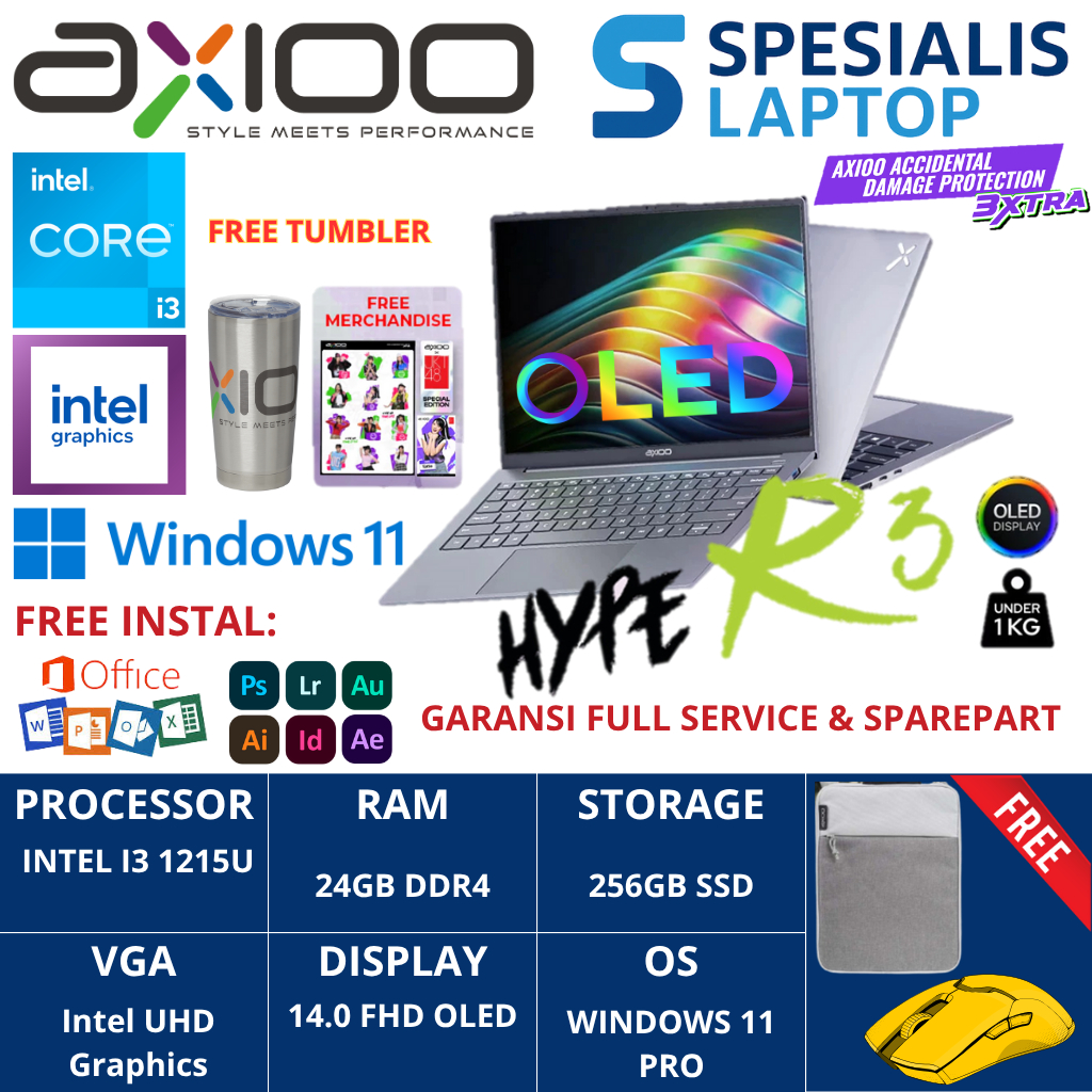 Jual Laptop Axioo Hype R3 OLED i3 1215 RAM 24GB SSD 256GB 14.0 FHD OLED ...