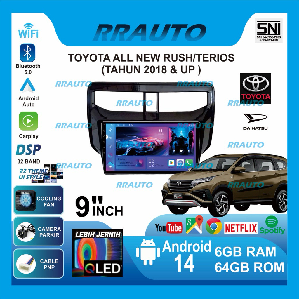 Headunit All New Rush Terios 2018-2023 | 6+64gb RAM ROM,QLED,Android 14,Apple Carplay,AndroidAuto Wireless,Wifi,bluetooth,DSP,Tmbol stir,Headunit Tape mobil terbaik 2025 (Bonus Kamera Parkir AHD & Socket PNP)