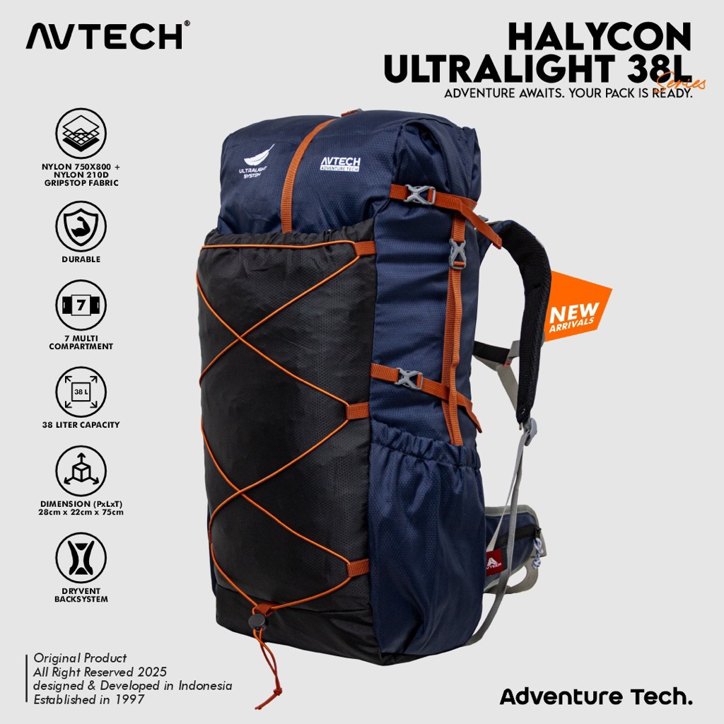 AVTECH - Tas Ransel Carrier Keril Ultralight Gunung Hiking Camping Travel 38 Liter Free Rain Cover - HALYCON 38
