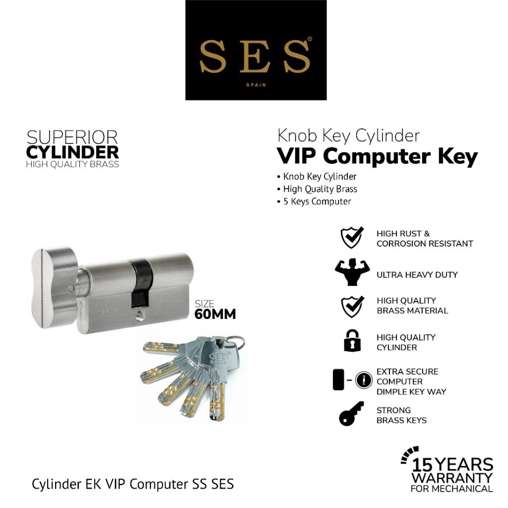 Jual Silinder Kunci - Cylinder SES VIP Komputer 60MM EK (Knob) SS ...