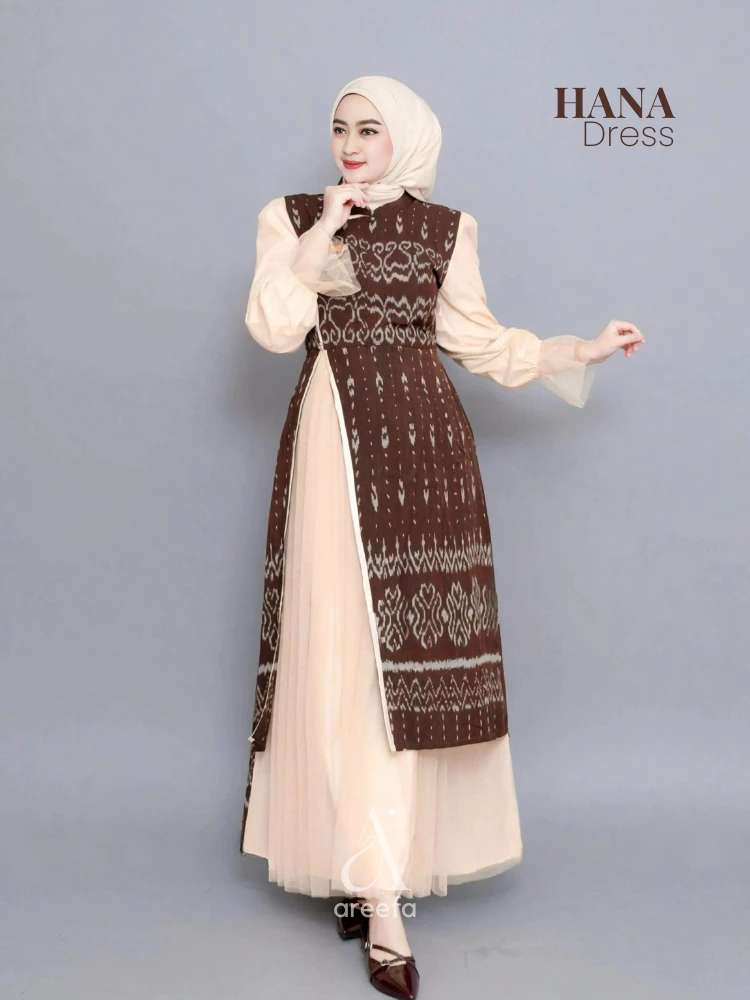 Gamis Tenun Etnik Katun Tile Premium Wanita Kondangan Pesta Mewah Warna Mahogany dengan desain elegan