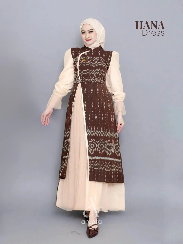Gamis Tenun Etnik Katun Tile Premium Wanita Kondangan Pesta Mewah Warna Mahogany tampak depan